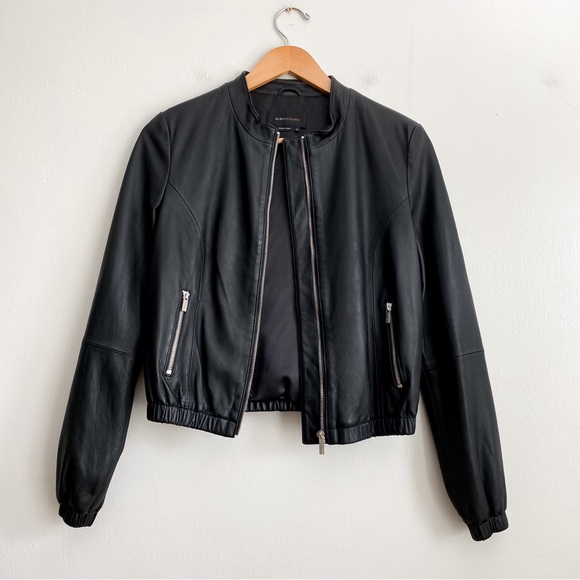 BCBGMaxAzria Leather Black Bomber Jacket Minimalist Collarless Luxury Timeless S - Picture 2 of 9